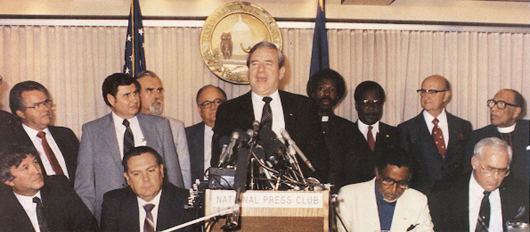 Reverend Jerry Falwell speaking at a press conference at the National Press Club