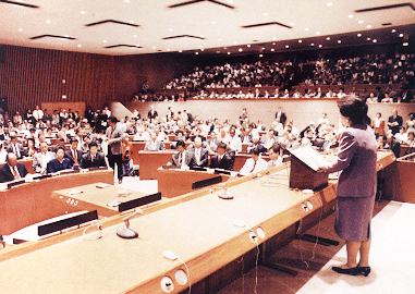 Mrs. Moon speaking at the UN Headquarters